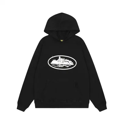 A black pullover hoodie laid flat, with a white oval logo across the chest