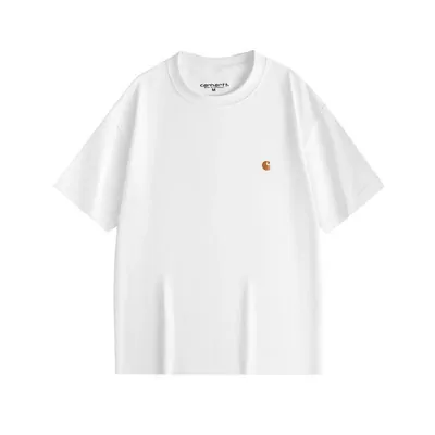 A plain white short-sleeve t-shirt laid flat, with a small embroidered chest logo