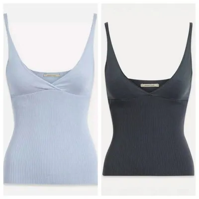 Two fitted sleeveless tops side by side, one pale blue and one black