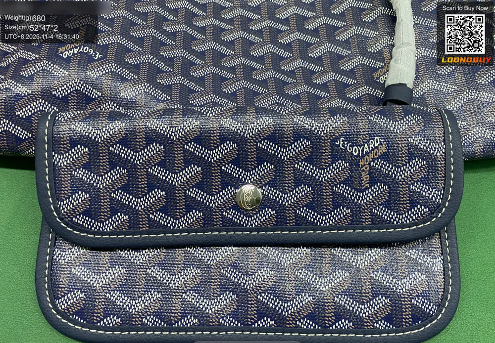 A patterned pouch photographed on the warehouse inspection bench