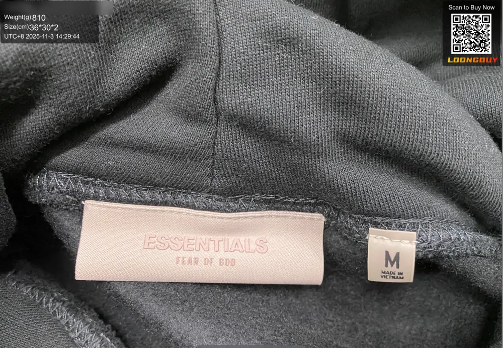 Close-up of a hoodie neck label in a warehouse photo