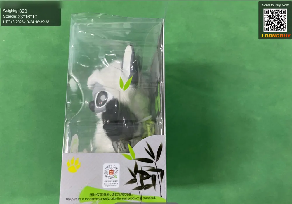 A sealed plush toy package laid flat on the inspection bench