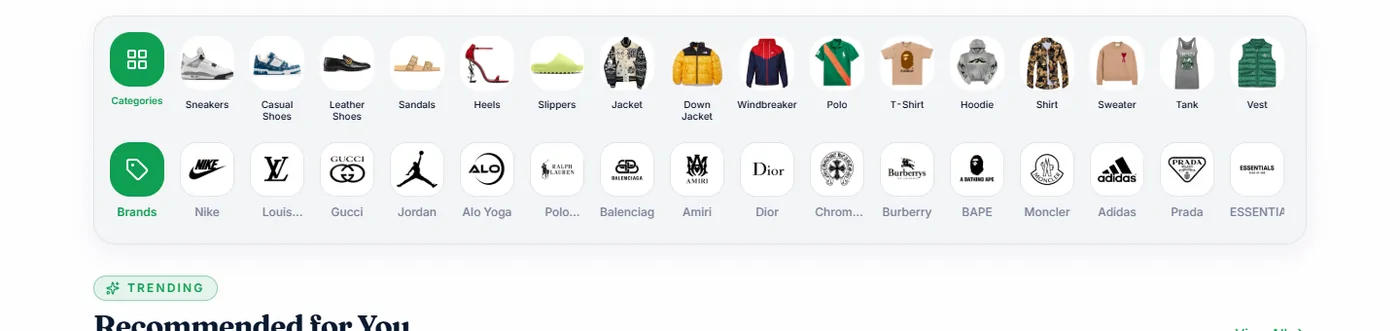 A strip of category shortcut buttons above a row of brand shortcuts on a product listings site, with the start of a recommended products heading below