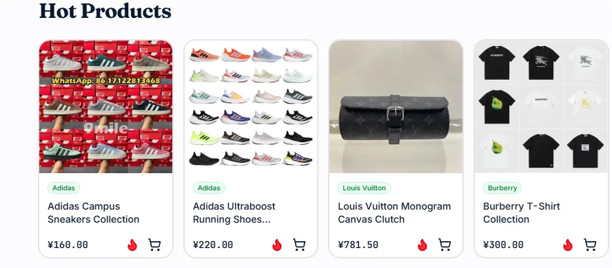 A row of product cards under a hot products heading on a listings site, each card showing a photo grid, a brand tag and a price