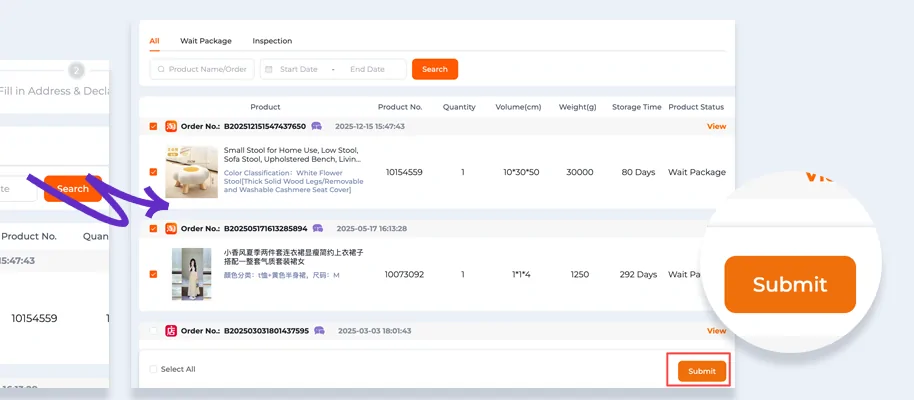 The warehouse list with tick boxes beside each stored item and an orange submit button at the foot of the list